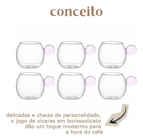 Kit 6 Xícaras Borossolicato Café Alça Vidro Rosa Rosa-claro Vidro