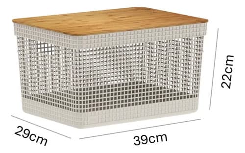 Kit 3 Cestos Roupa Grid Tampa Bambu Cor Bege Organização Bege