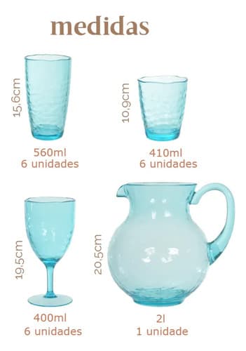 Jogo Jarra, Taça E Copos 19pçs Acrílico Martelado Azul-claro