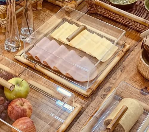 Bandeja Prancha De Bambu Com Vidro E Tampa Acrílico 27x27cm Bambu
