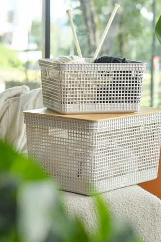 Cesto Organizador Grid Em Plástico Bege Tampa Bambu 20l Branco