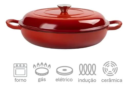 Panela Caçarola Redonda Ferro Fundido Esmaltada Com Tampa Vermelho