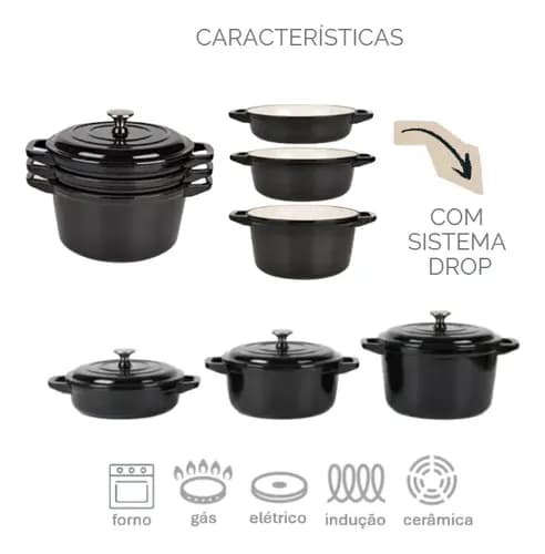 Kit 3 Panelas Redonda Caçarola Ferro Fundido Esmaltada Preto