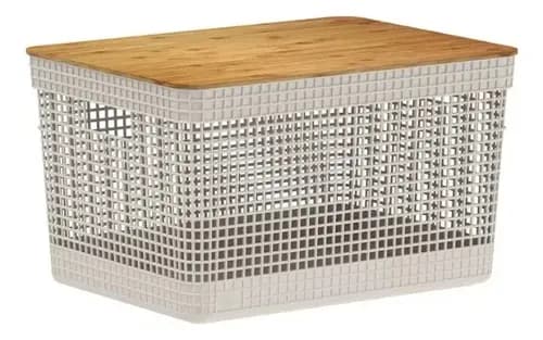 Cesto Organizador Grid Em Plástico Bege Tampa Bambu 20l Bege