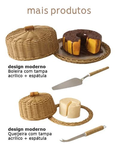 Porta Bolo Vime 33cm Com Tampa Prato Em Acrílico E Espátula Marrom-claro