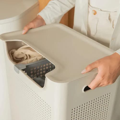 Cesto Roupa Duplo Compartimento 50l Divisória Lavanderia Ou Bege Calado