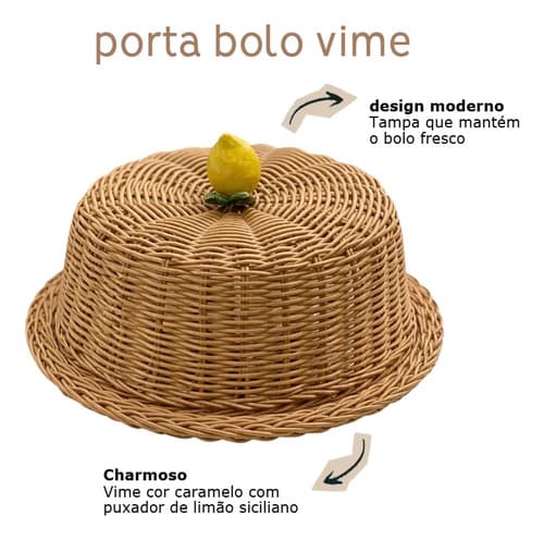 Porta Bolo Vime Com Tampa Prato Acrílico Limão Siciliano Marrom
