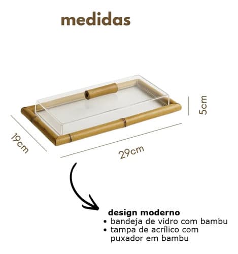 Kit Bandeja + Porta Frios + Porta Pães Bambu Vidro E Tampa Bambu