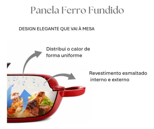 Panela Caçarola Ferro Fundido Esmaltada 26cm Com Tampa Vermelho