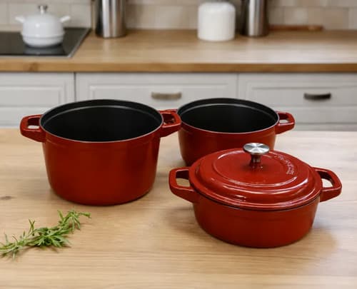Kit 3 Panelas Redonda Caçarola Ferro Fundido Esmaltada Vermelho