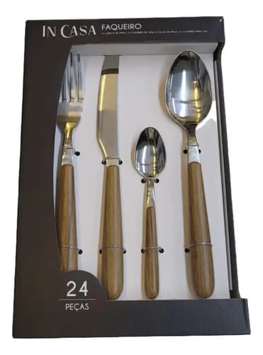 Faqueiro De Inox Cabo Amadeirado Arredondado 24 Pcs Marrom
