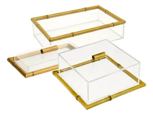 Kit Bandeja + Porta Frios + Porta Pães Bambu Vidro E Tampa Bambu