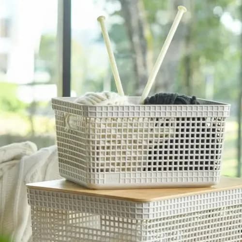 Cesto Organizador Grid Em Plástico Bege Tampa Bambu 20l Bege