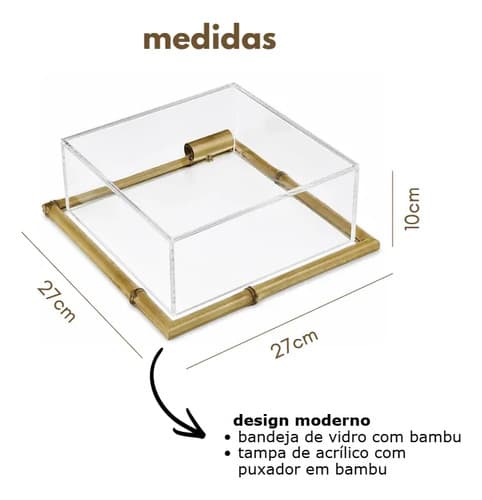 Bandeja Prancha De Bambu Com Vidro E Tampa Acrílico 27x27cm Bambu
