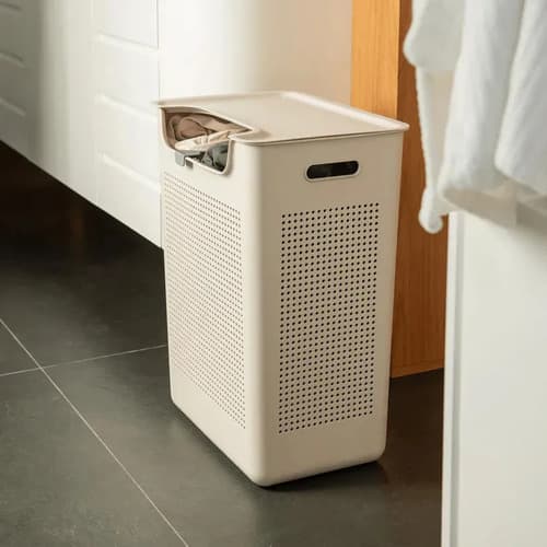 Cesto Roupa Duplo Compartimento 50l Divisória Lavanderia Ou Bege Calado