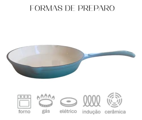 Frigideira Ferro Fundido Esmaltada Fundo Branco Azul-turquesa