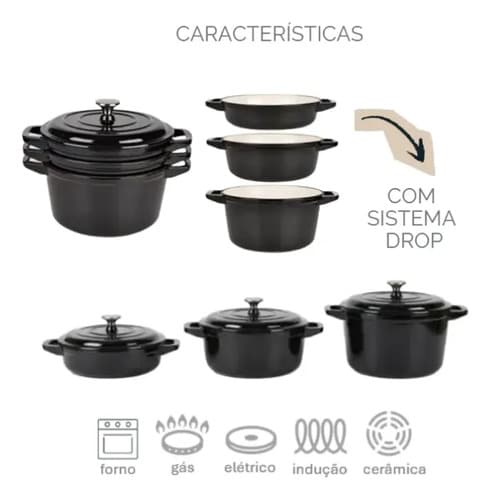 Kit 3 Panelas Redonda Caçarola Ferro Fundido Esmaltada Vermelho
