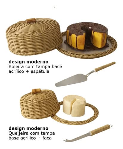 Queijeira Vime Puxador Bambu C/ Prato Acrílico 25cm E Faca Caramelo