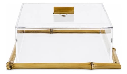 Bandeja Prancha De Bambu Com Vidro E Tampa Acrílico 27x27cm Bambu
