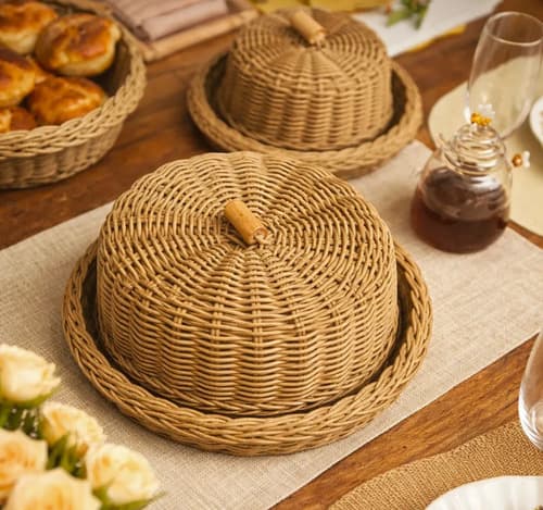 Queijeira Vime Puxador Bambu C/ Prato Acrílico 25cm E Faca Caramelo