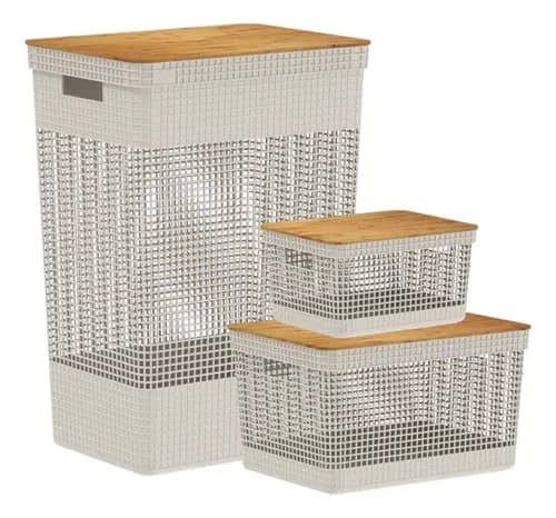 Cesto Roupas Grid 49l Tampa Bambu Bege