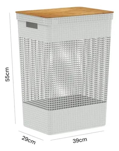 Kit 3 Cestos Roupa Grid Tampa Bambu Cor Bege Organização Bege