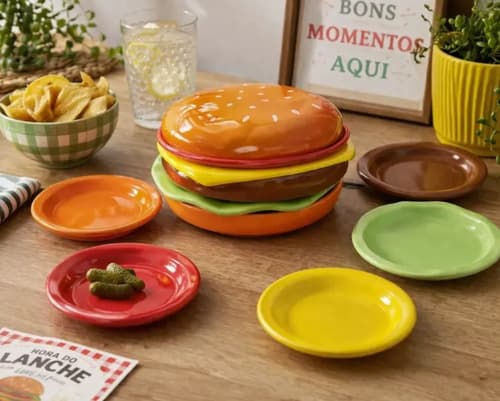 Kit 6 Pratos Empilhaveis Cerâmica Hamburguer Colorido Hambúrguer