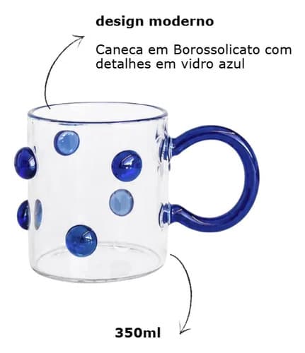 Kit 4 Canecas Borossolicato Alça Verde Detalhes Vidro Bolhas Azul Bolhas