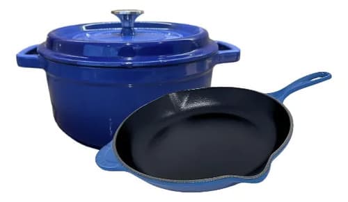 Kit Panela 22cm + Frigideira 27cm Ferro Fundido Esmaltado Azul